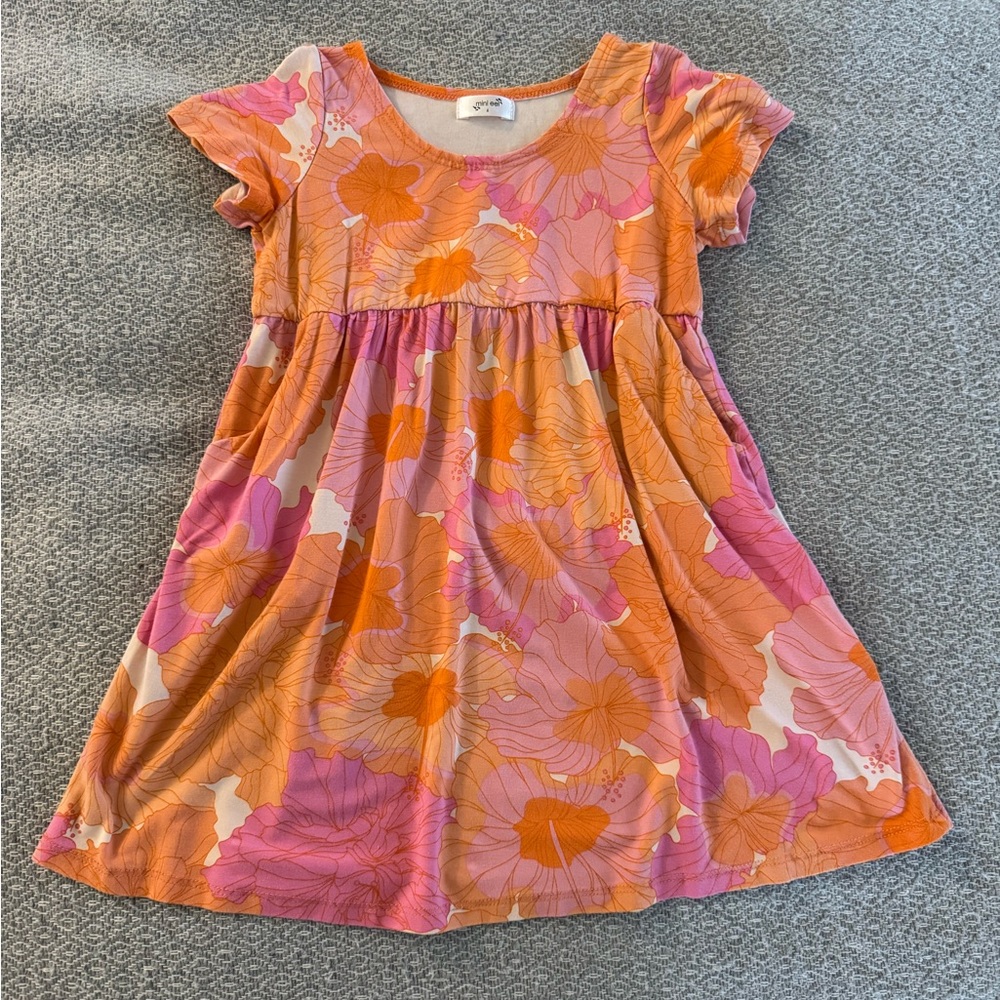 Fighting Eel Mini Eel Girl’s Orange and Pink hibiscus Floral Kids Dress size 6